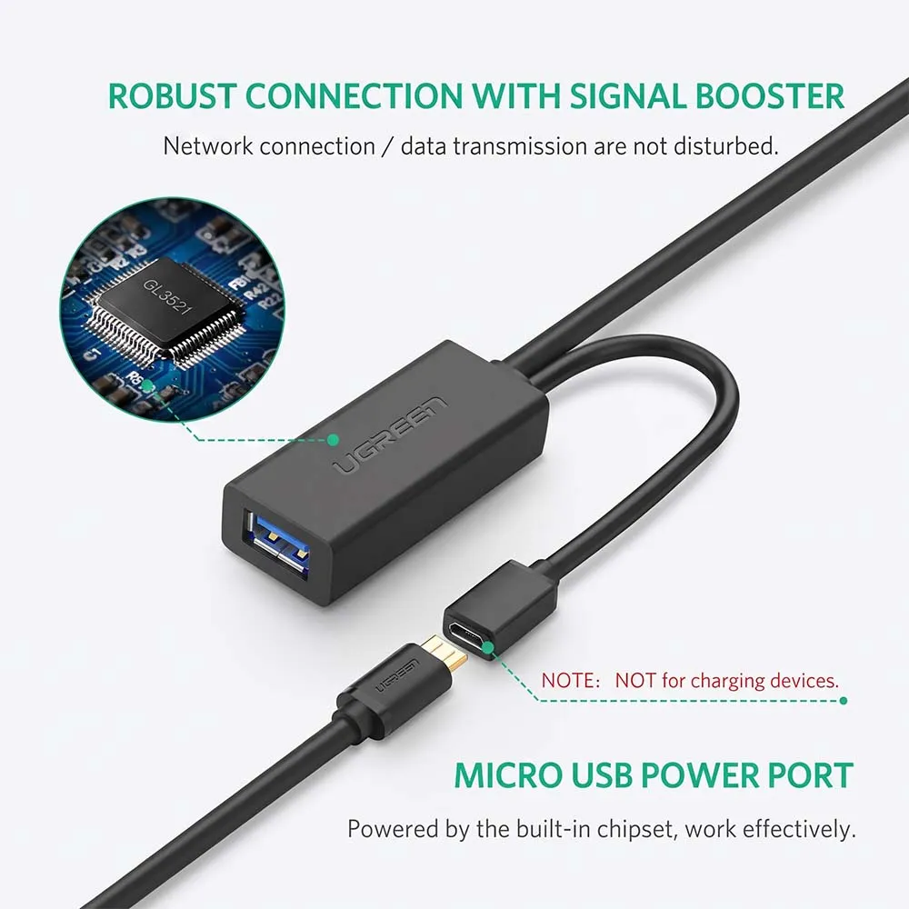 UGREEN 20826 2-in-1 USB 3.0-A Male to Female+Micro USB Ext-5m Black
