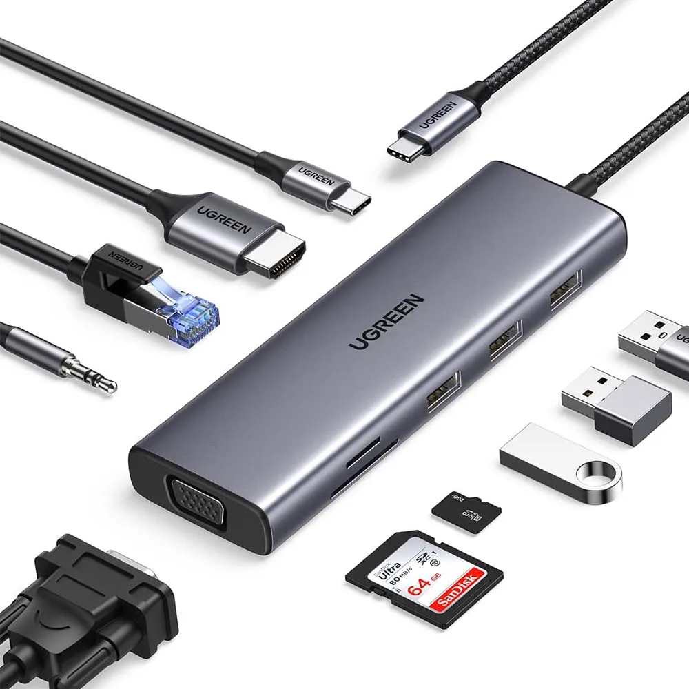 UGREEN 15601 USB-C to 3xUSB3 A+HDMI+VGA+RJ45 Gigabit+SD/TF+AUX+PD-10 in 1