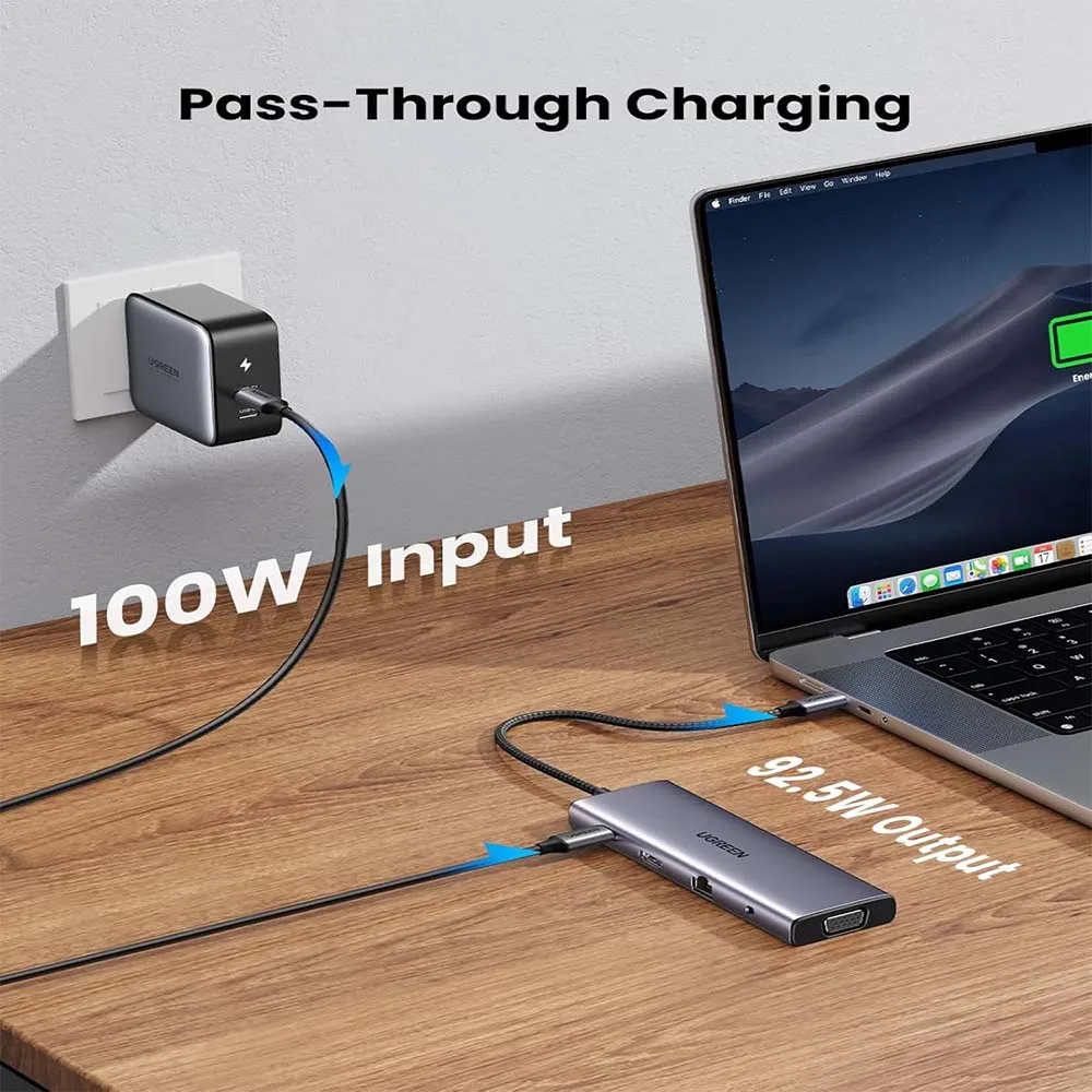 UGREEN 15601 USB-C to 3xUSB3 A+HDMI+VGA+RJ45 Gigabit+SD/TF+AUX+PD-10 in 1