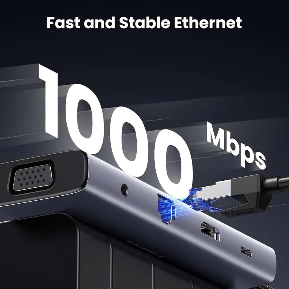 UGREEN 15601 USB-C to 3xUSB3 A+HDMI+VGA+RJ45 Gigabit+SD/TF+AUX+PD-10 in 1