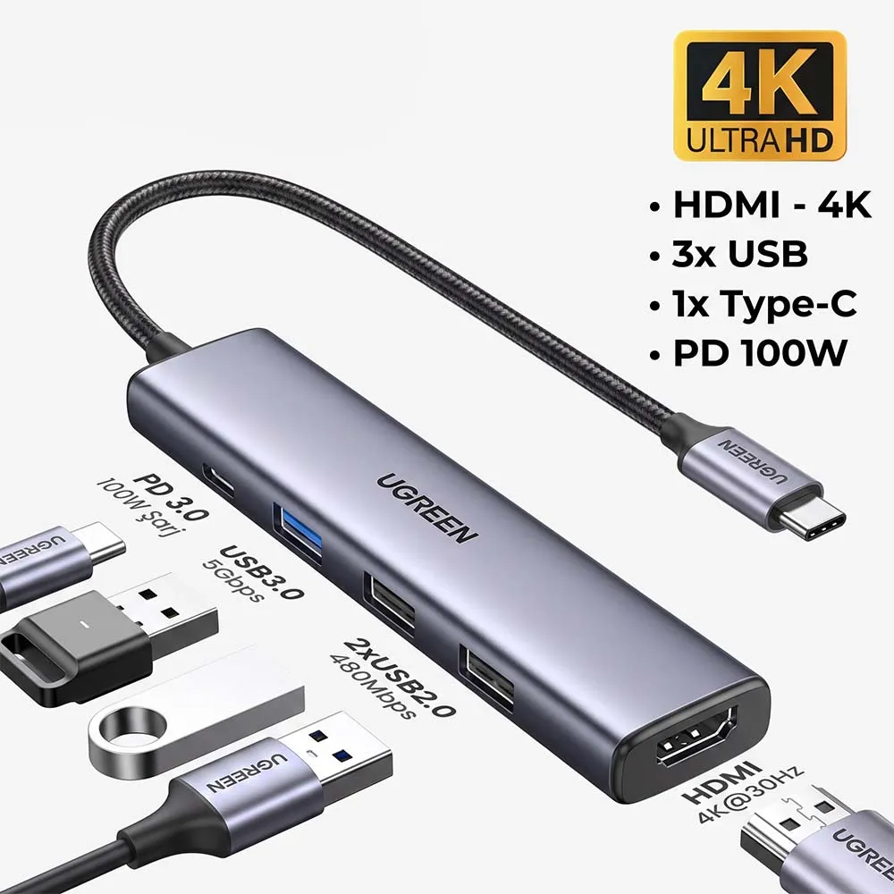 UGREEN 15495 USB-C To HDMI+1xUSB3.0 A+2xUSB2.0 A+PD-5 in 1