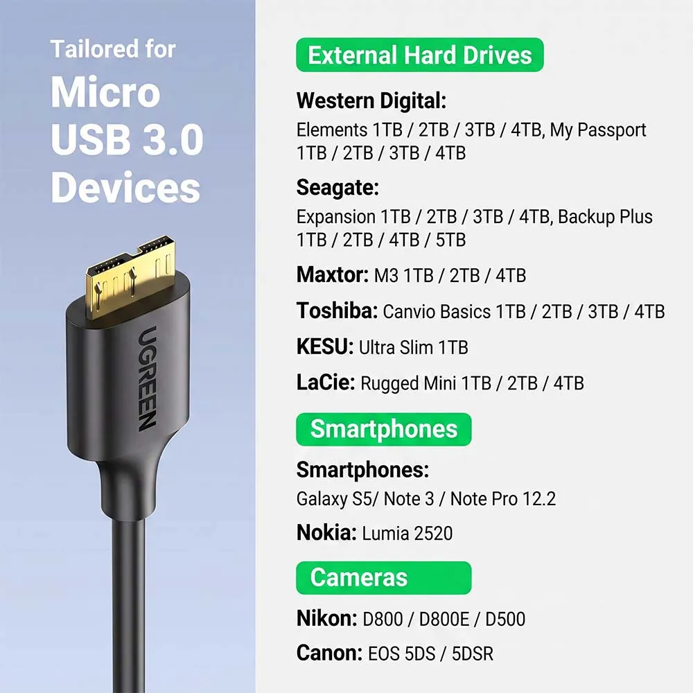 UGREEN 10841 USB-A 3.0 Male to Micro USB 3.0 Male Cable 1m Black