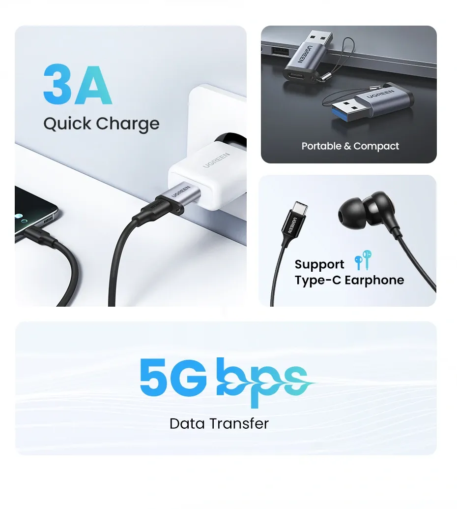 UGREEN 50533 USB 3.0 A to USB-C M/F Adpater Gray