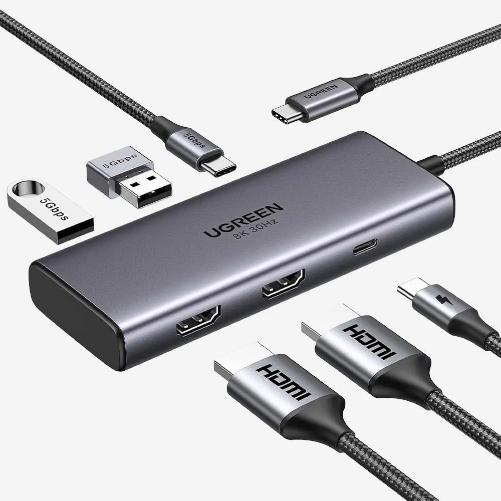 UGREEN 15852 Revodok 206 6 in 1 USB-C Hub 2xHDMI 4K60Hz 2xUSB-A 3.0 1xUSB-C 3.0 PD 8K