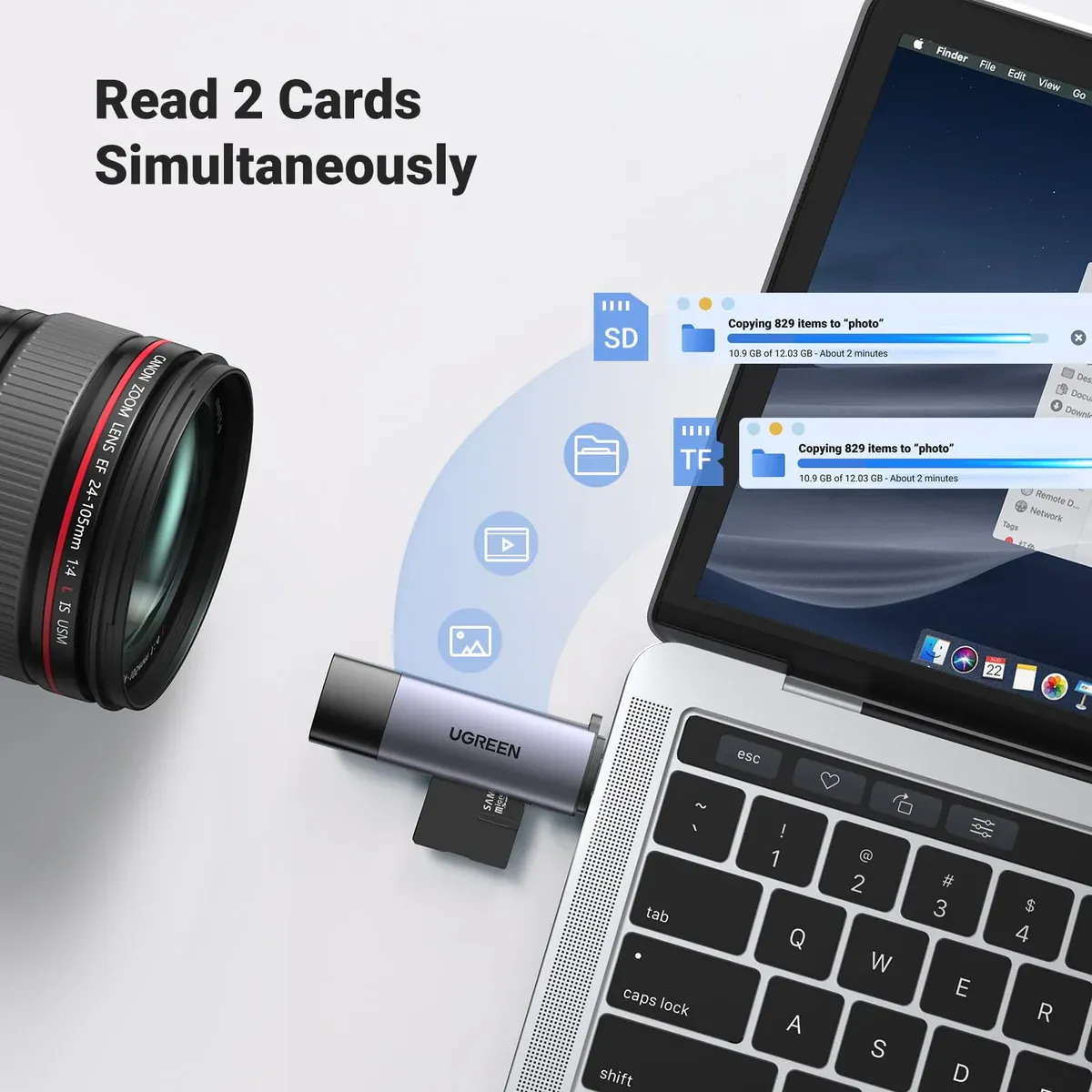 UGREEN 50706 USB-C TF + SD Card Reader with USB Power