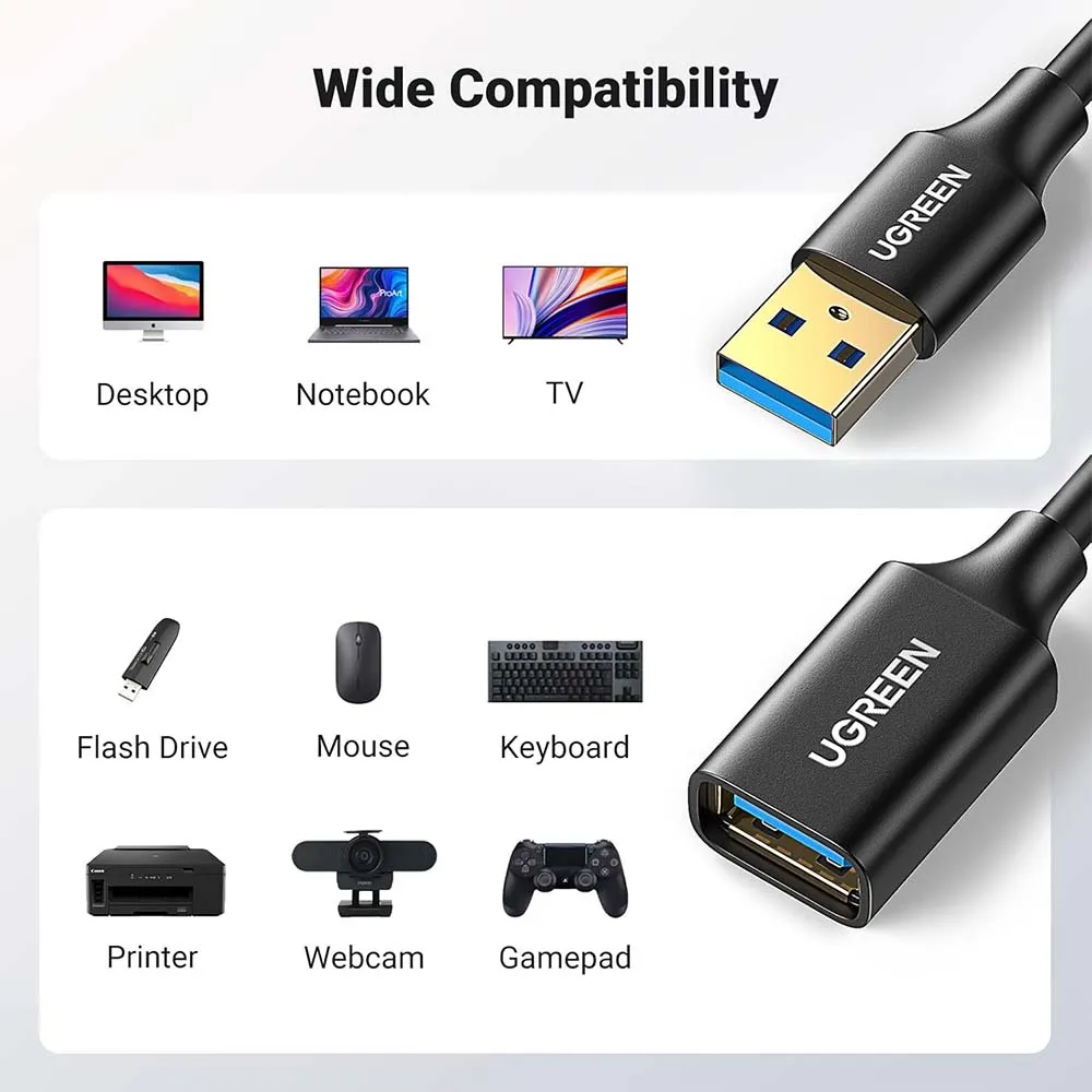 UGREEN 10368 USB-A 3.0 Male 1m Extension Cable Black