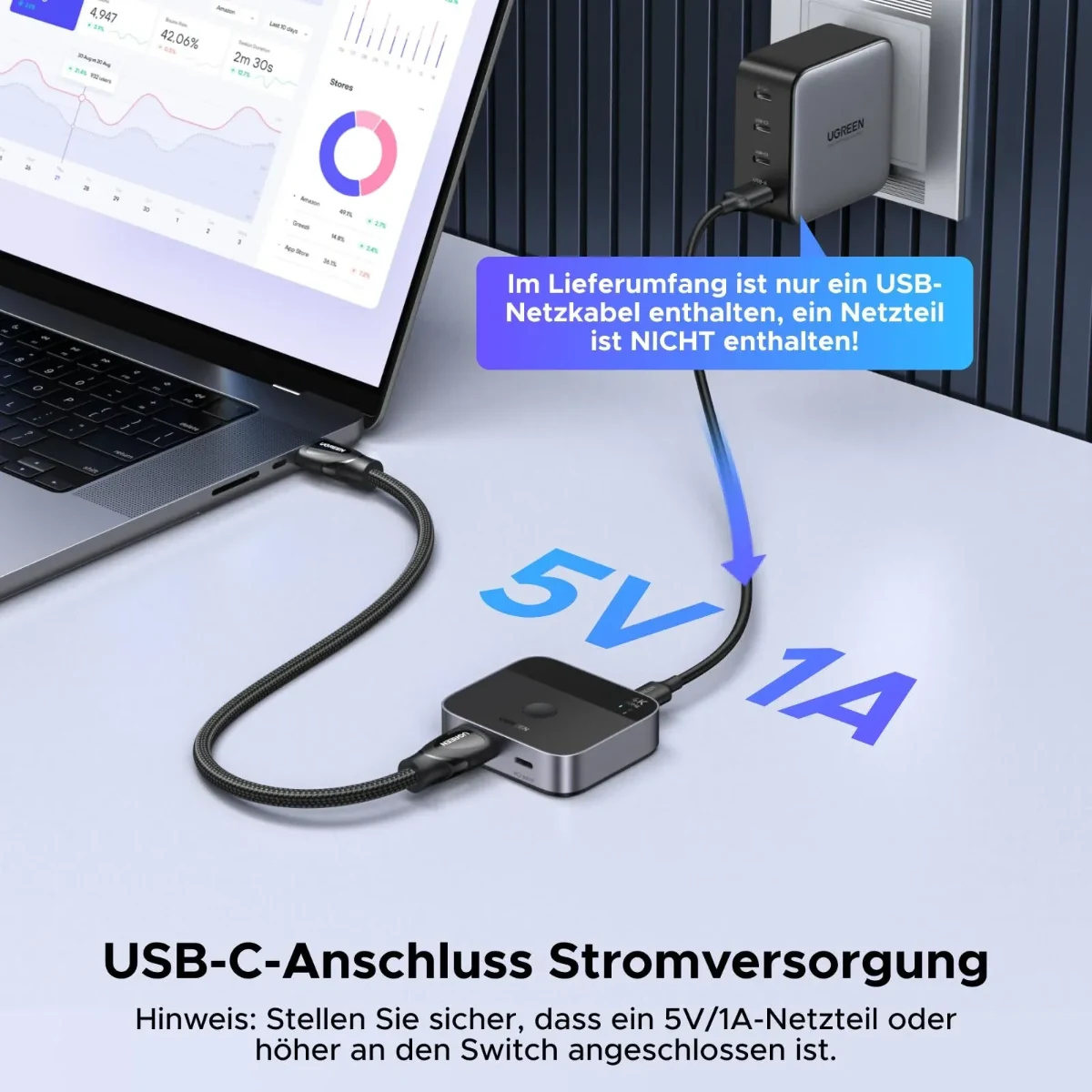 UGREEN 55452 USB-C+HDMI Switch 2 In 1 Out + USB-C charging 5V 1A