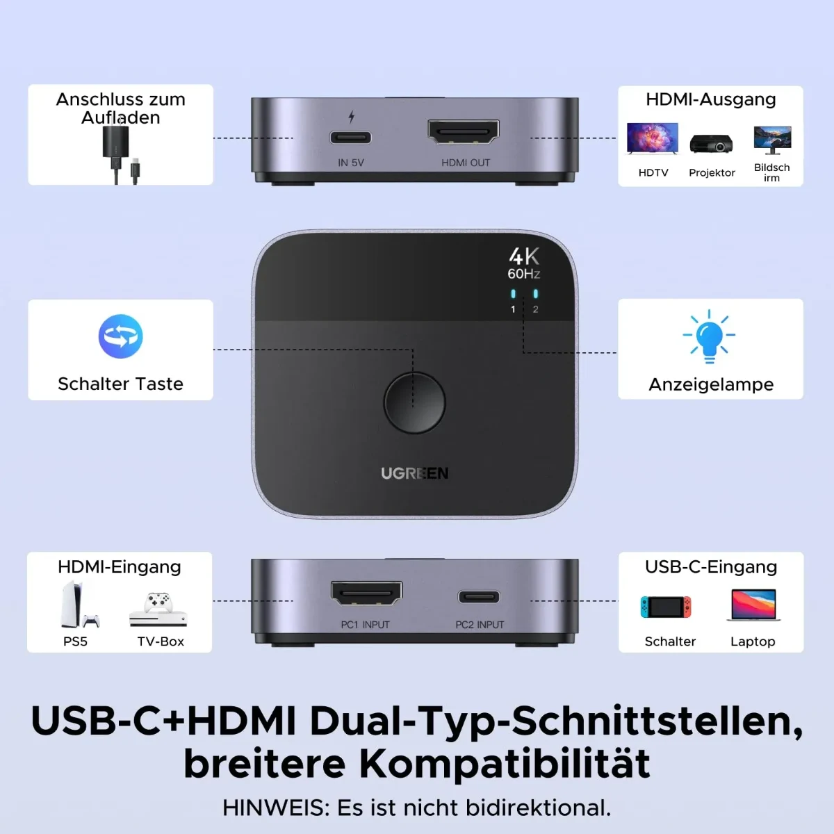 UGREEN 55452 USB-C+HDMI Switch 2 In 1 Out + USB-C charging 5V 1A