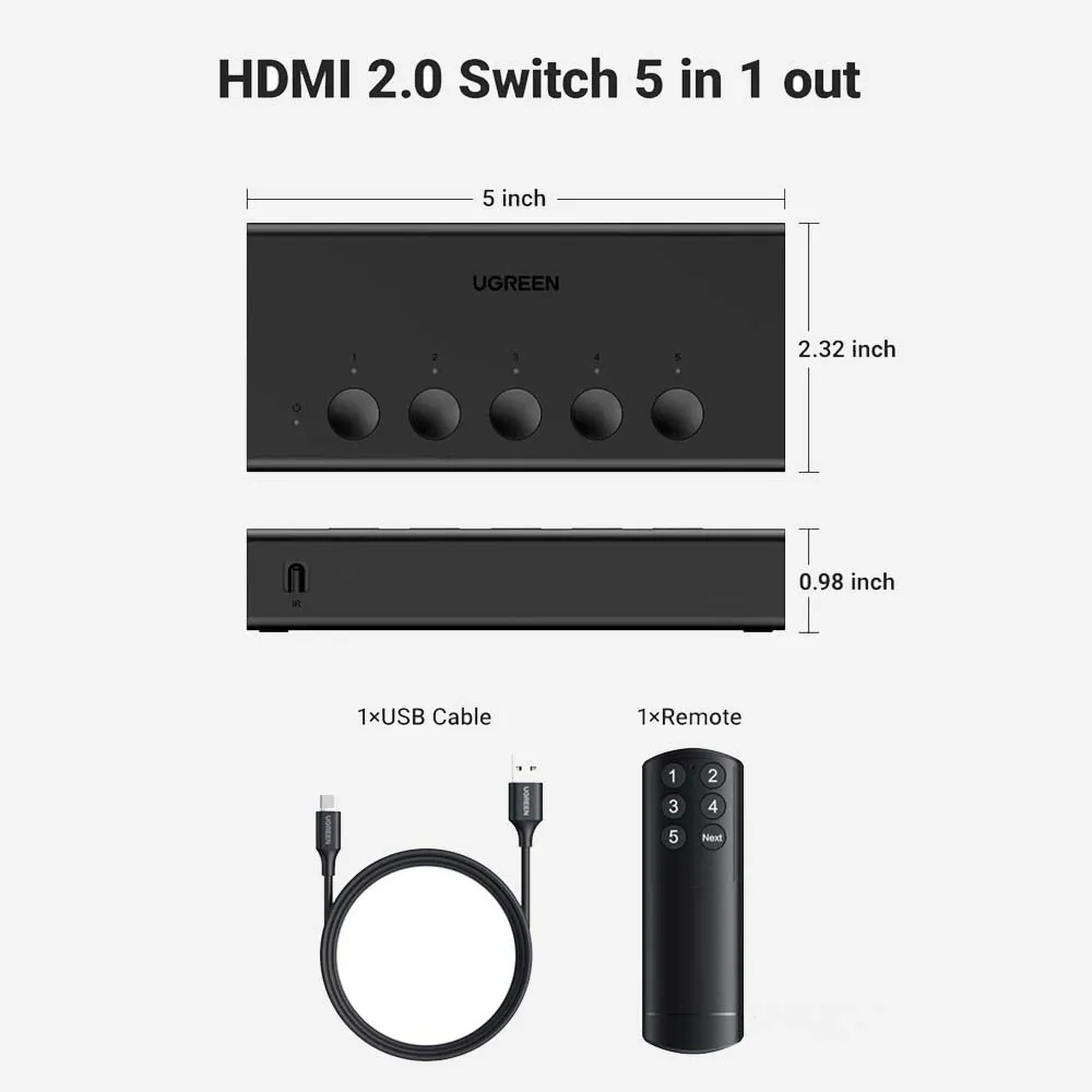 UGREEN 90512 5-in-1 Out HDMI 4K Switch with Remote