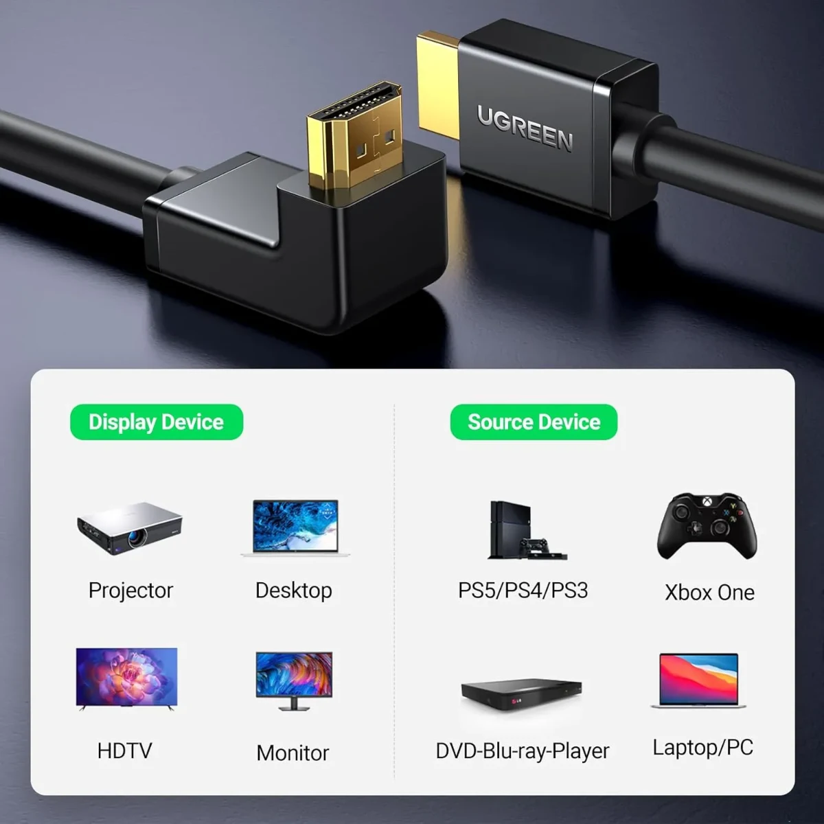 UGREEN 10174 HDMI 4K Cable Male to Male 90 Degree Black 3M Black