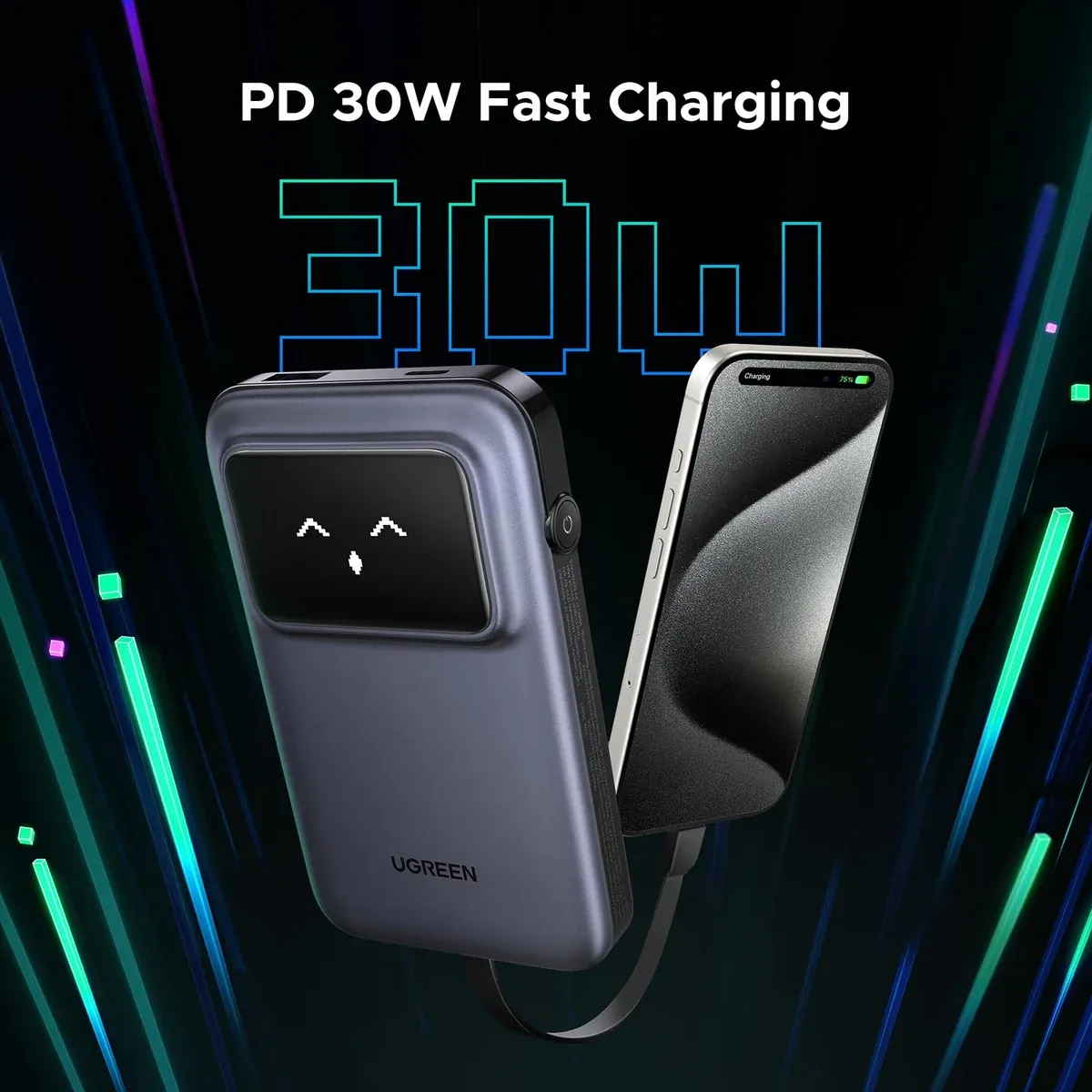 UGREEN 35603 PB511 Uno Power Bank 10000mAh 30W with Built in Cable USB-C Gray