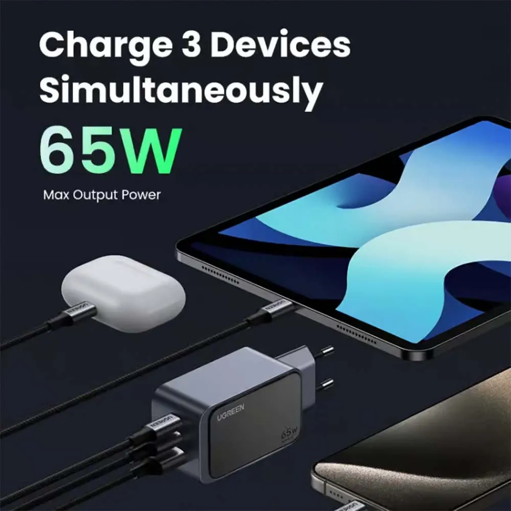 UGREEN 35042 Nexode 65W GaN Fast Wall Charger with Power Delivery 2x USB-C, 1x USB-A