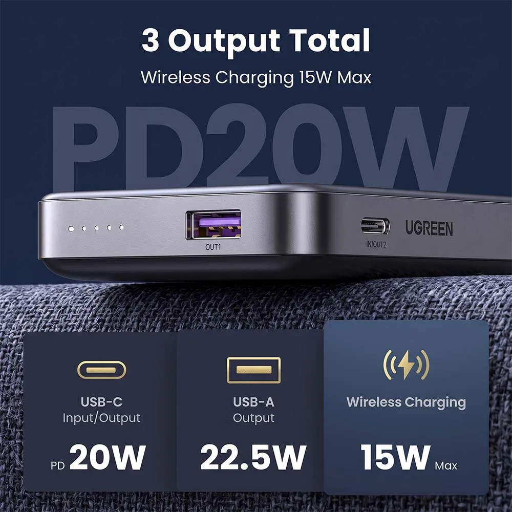 UGREEN 15086 10000mAh Magnetic Wireless Power Bank Gray