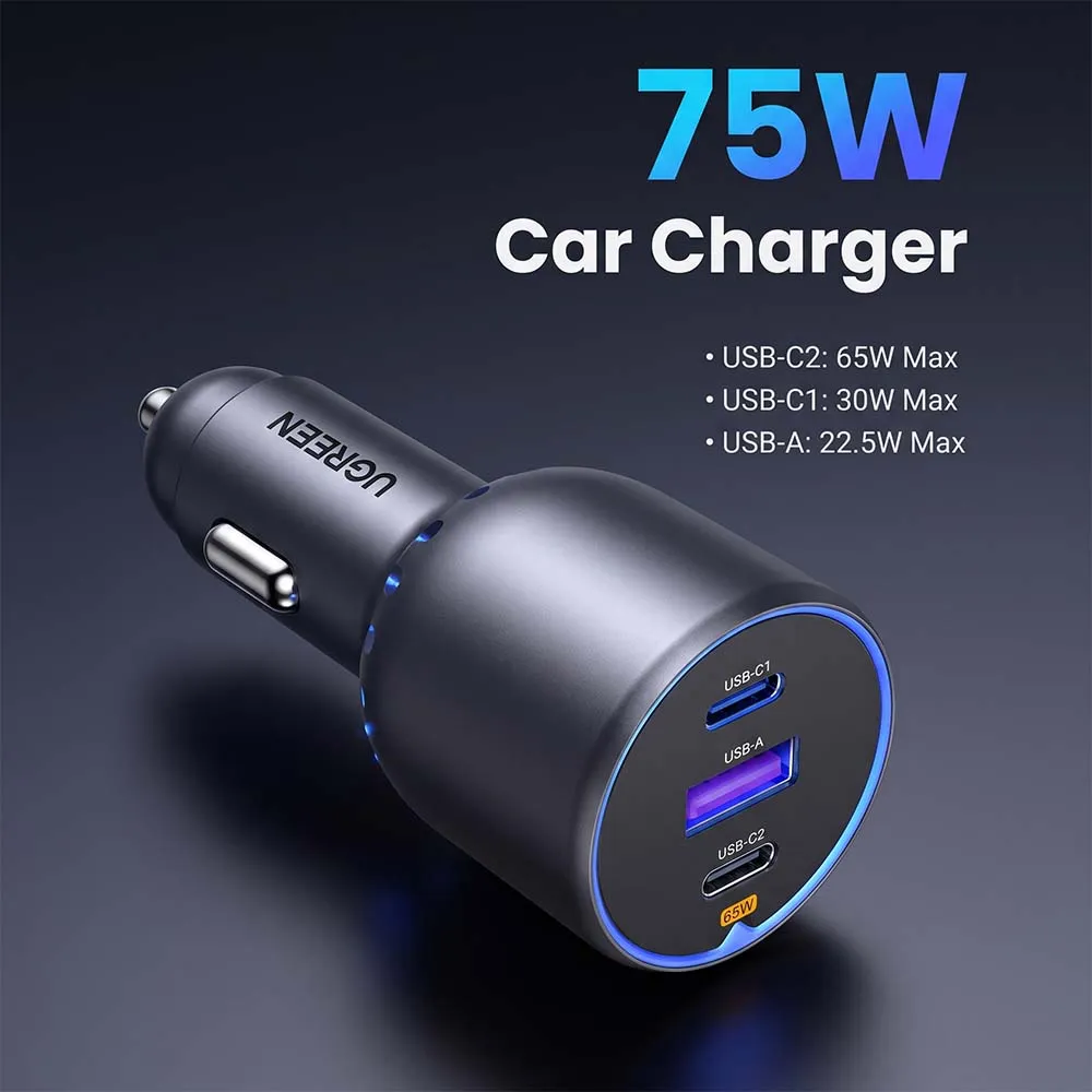 UGREEN 35024 75W Car Charger 2-Port USB-C & 1-Port USB-A Fast Charging Adapter Gray
