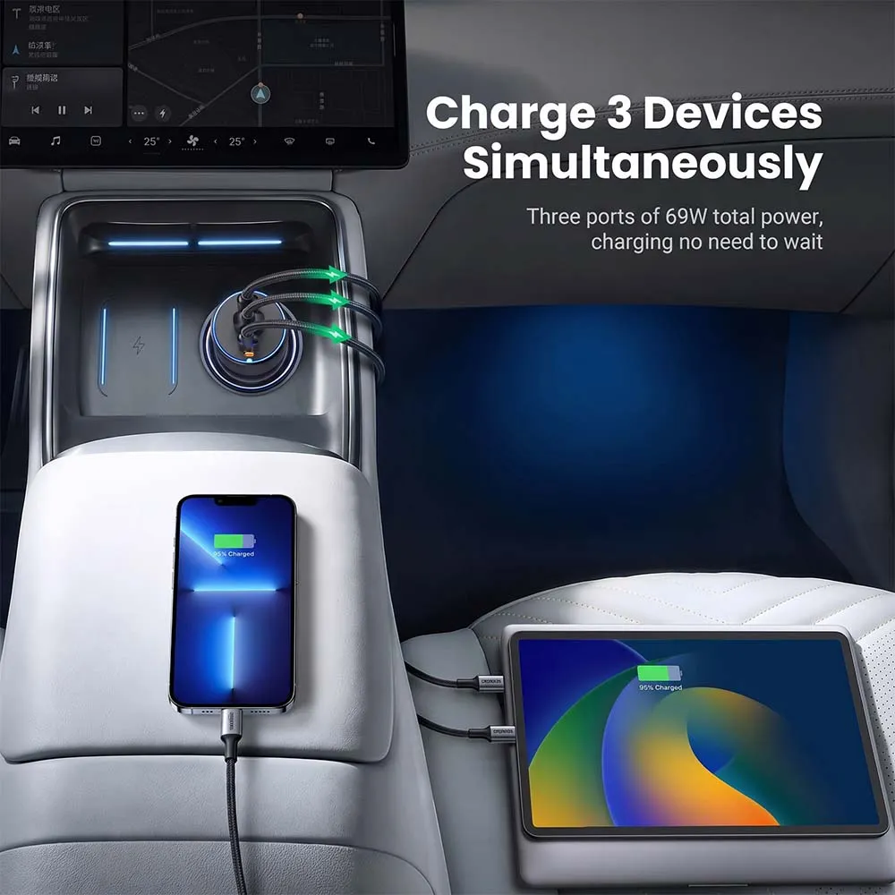 UGREEN 35024 75W Car Charger 2-Port USB-C & 1-Port USB-A Fast Charging Adapter Gray