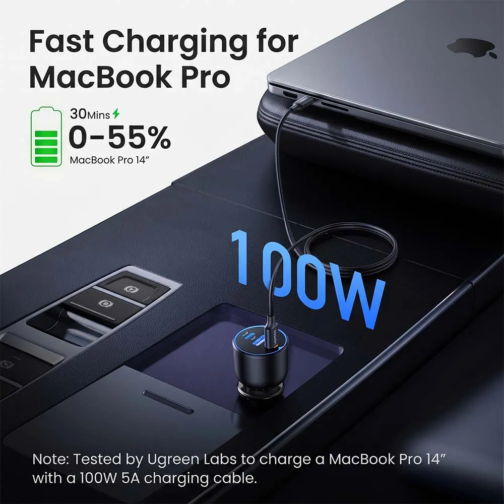 UGREEN 35025 130W Car Charger 2-Port USB-C & 1-Port USB-A Fast Charging Adapter Black