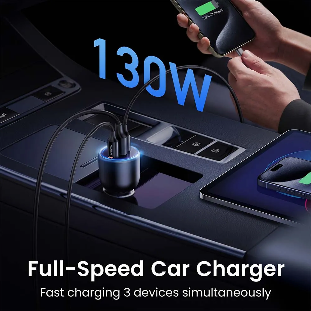 UGREEN 35025 130W Car Charger 2-Port USB-C & 1-Port USB-A Fast Charging Adapter Black