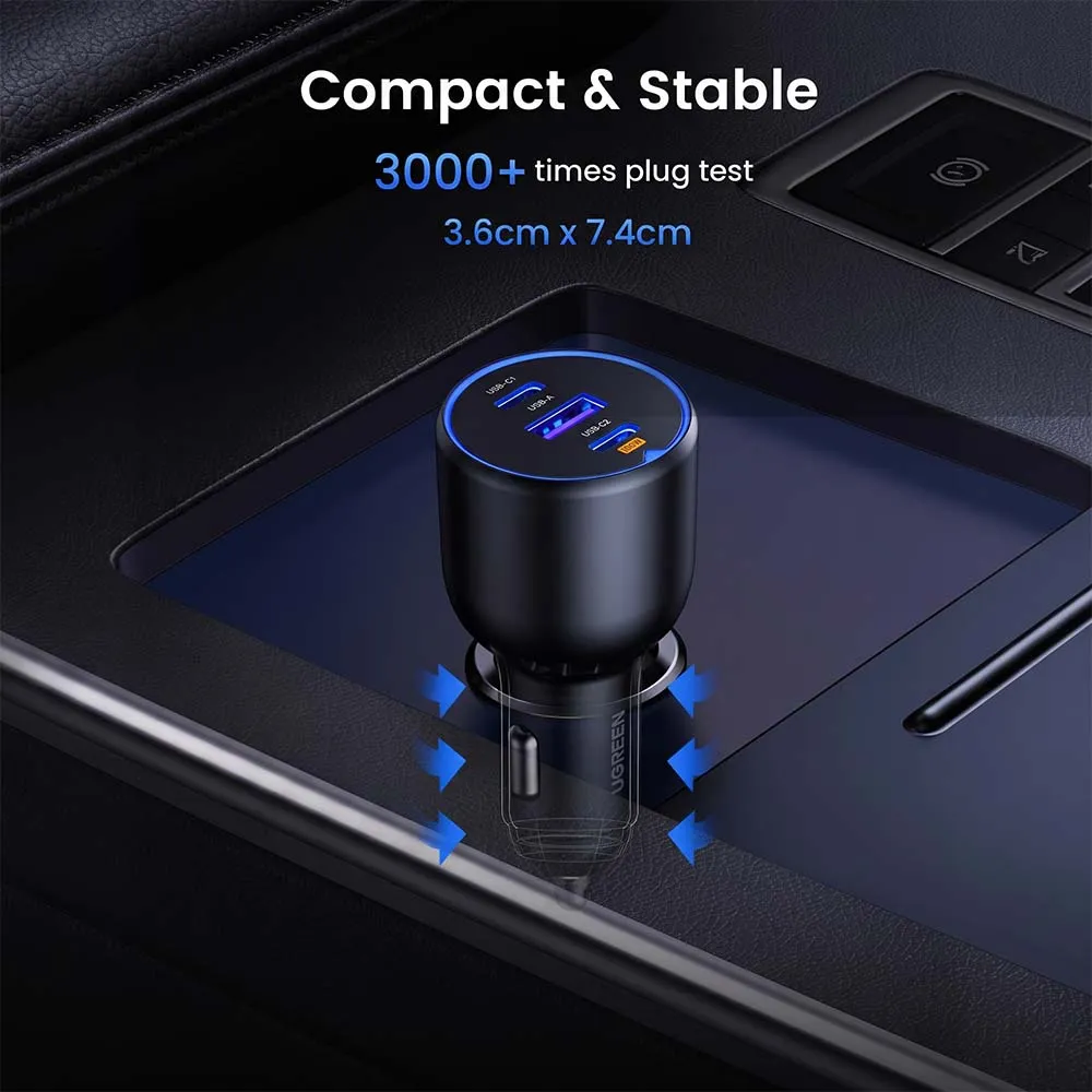 UGREEN 35025 130W Car Charger 2-Port USB-C & 1-Port USB-A Fast Charging Adapter Black