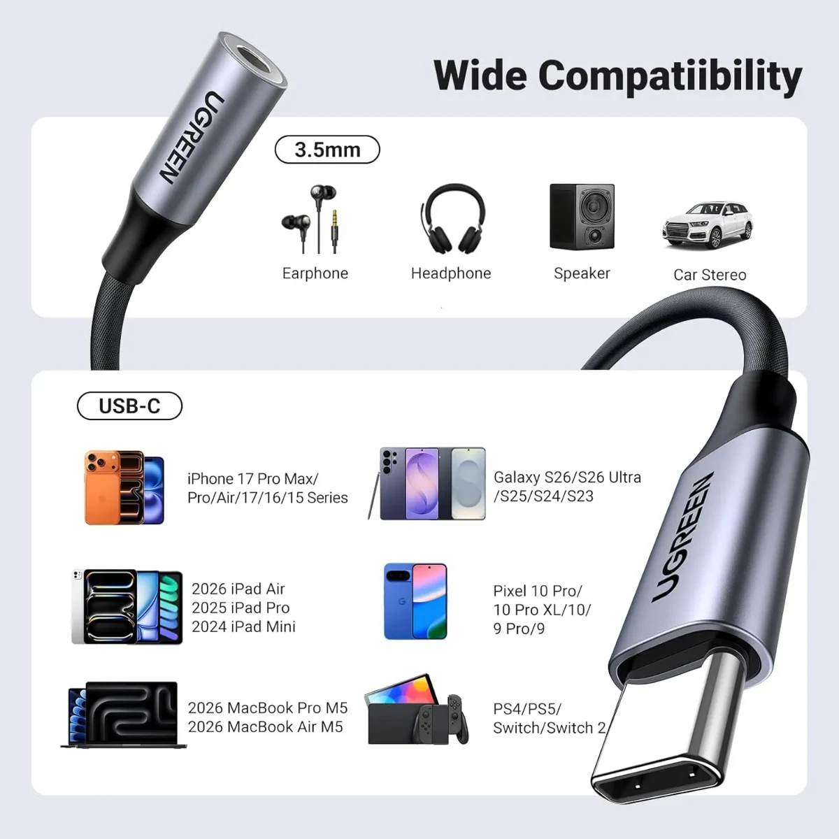 UGREEN 80154 USB-C to 3.5mm Jack DAC Type C Headphone Amplifier Aux Adapter Hi-Fi Stereo Braided Cable 10cm Grey
