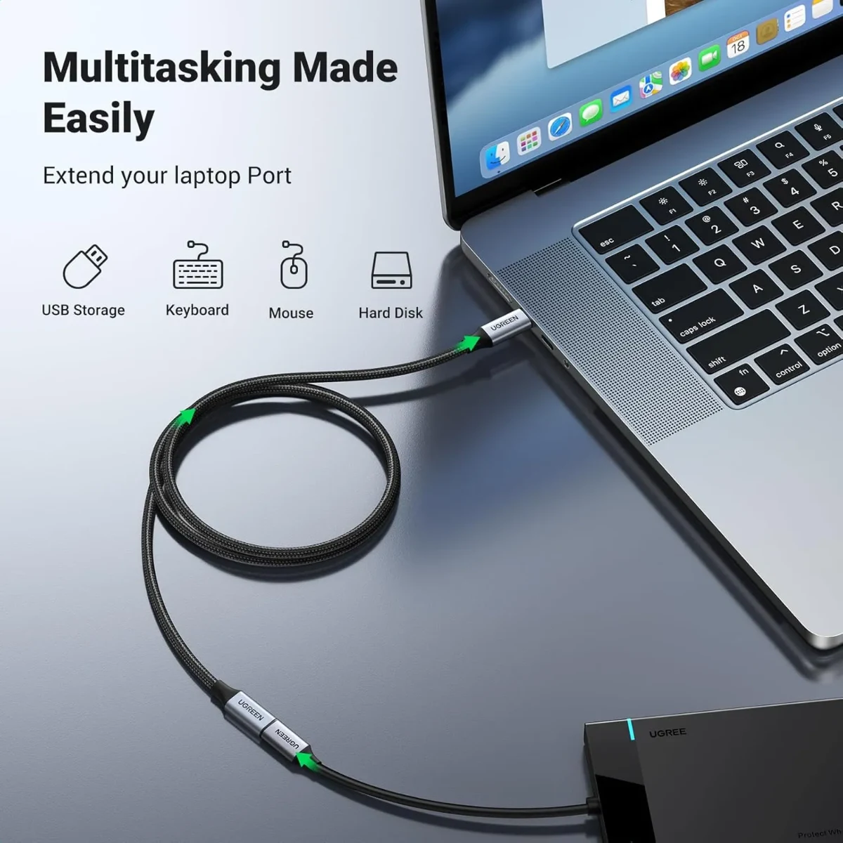 UGREEN 30205 USB-C Male to USB-C Female 1m Extender Braided Cable Gray