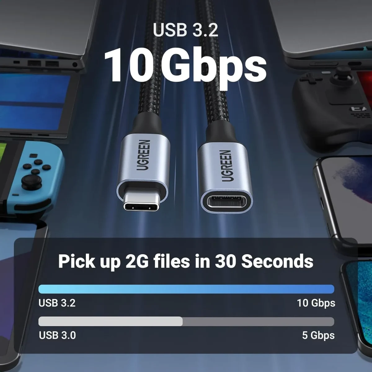 UGREEN 30205 USB-C Male to USB-C Female 1m Extender Braided Cable Gray
