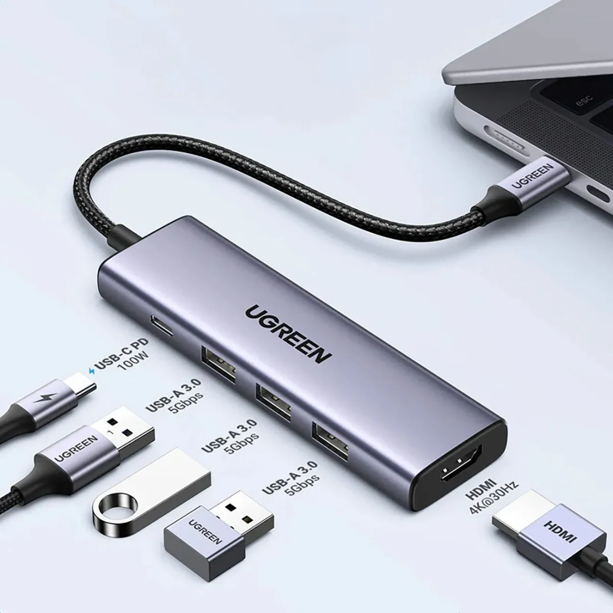 UGREEN 15596 USB-C to HDMI+3*USB 3.0 A+PD Power 5 in 1