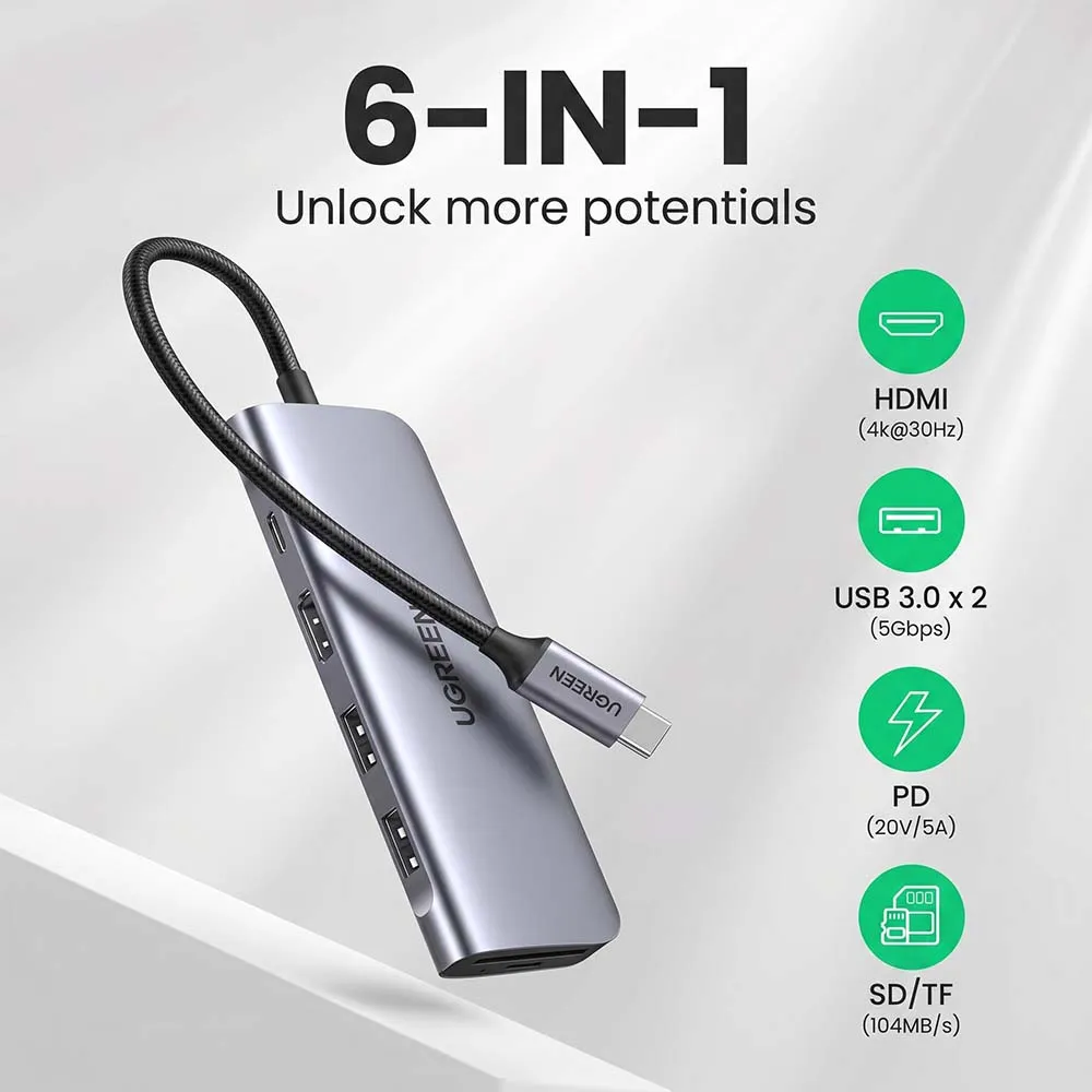 UGREEN 70411 6-in-1 USB-C Multifunctional Hub Adapter