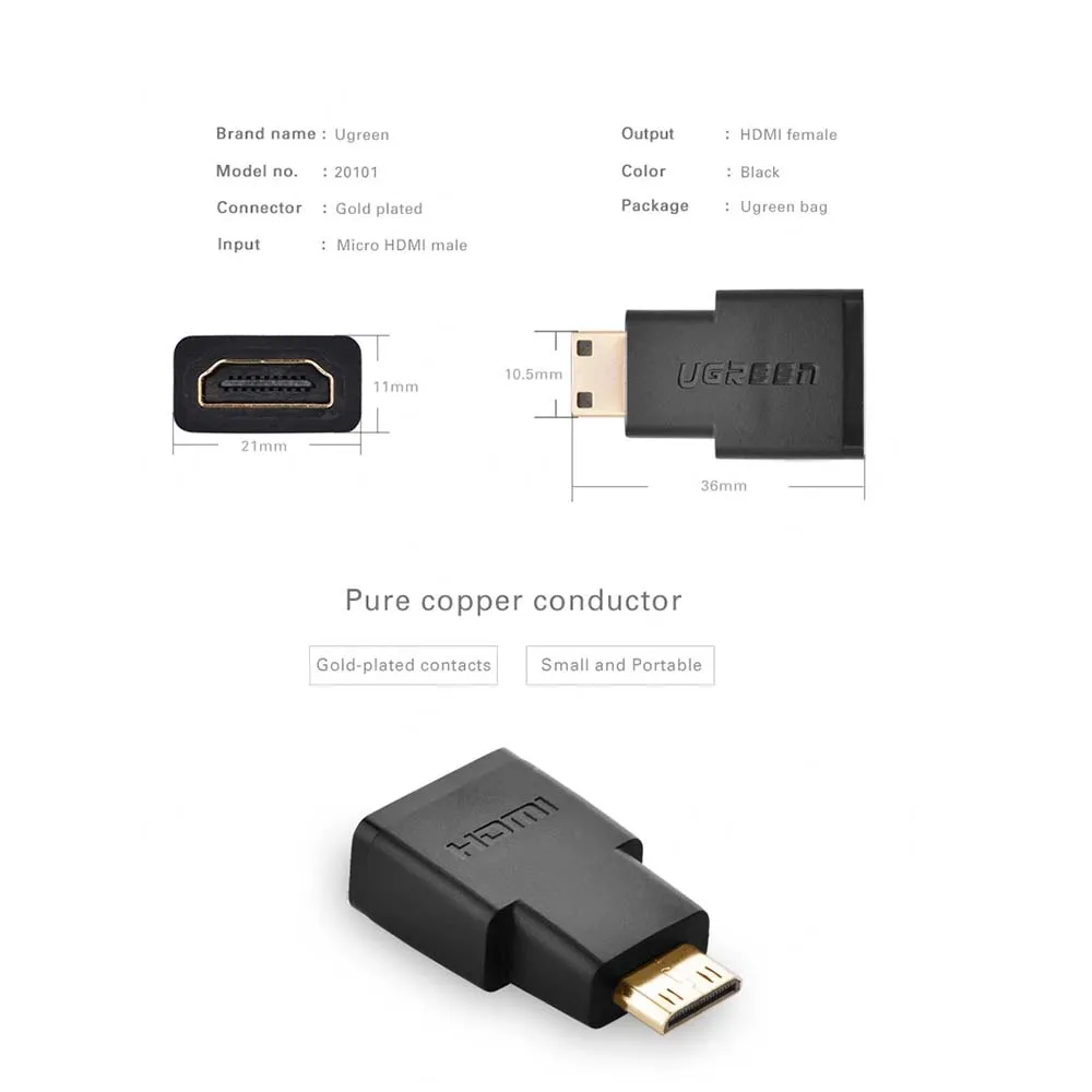UGREEN 20101 Mini HDMI Male to HDMI Female Adapter Black