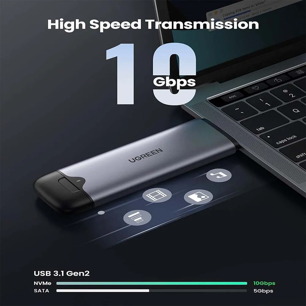 UGREEN ‎70532 2 in 1 M.2 NVMe SSD Encl Adap, Aluminum USB 3.1 G2 10Gbps CM353-USB-C+USB-A M.2 M Key-HDD-10G