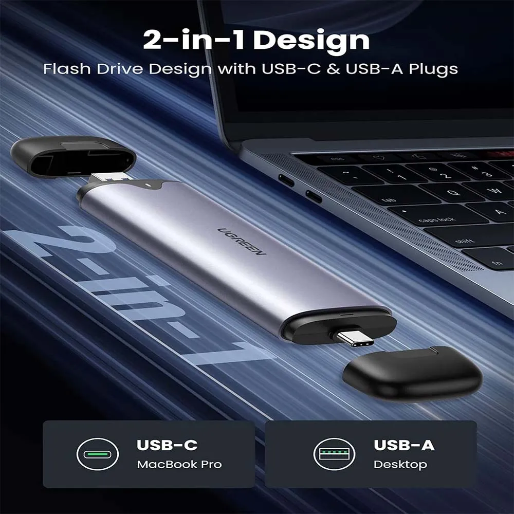 UGREEN ‎70532 2 in 1 M.2 NVMe SSD Encl Adap, Aluminum USB 3.1 G2 10Gbps CM353-USB-C+USB-A M.2 M Key-HDD-10G