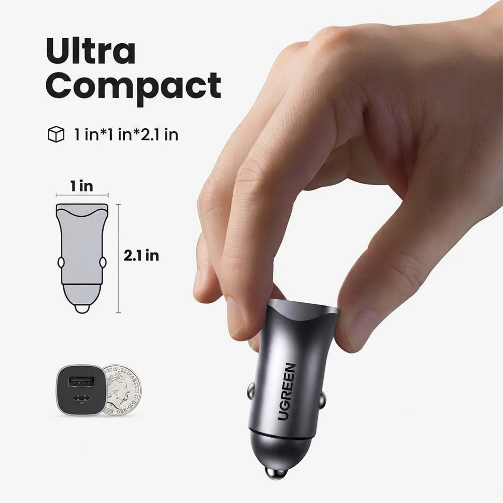 UGREEN 30780 24W Dual Port USB-C Car Charger Fast Charging Adapter Gray