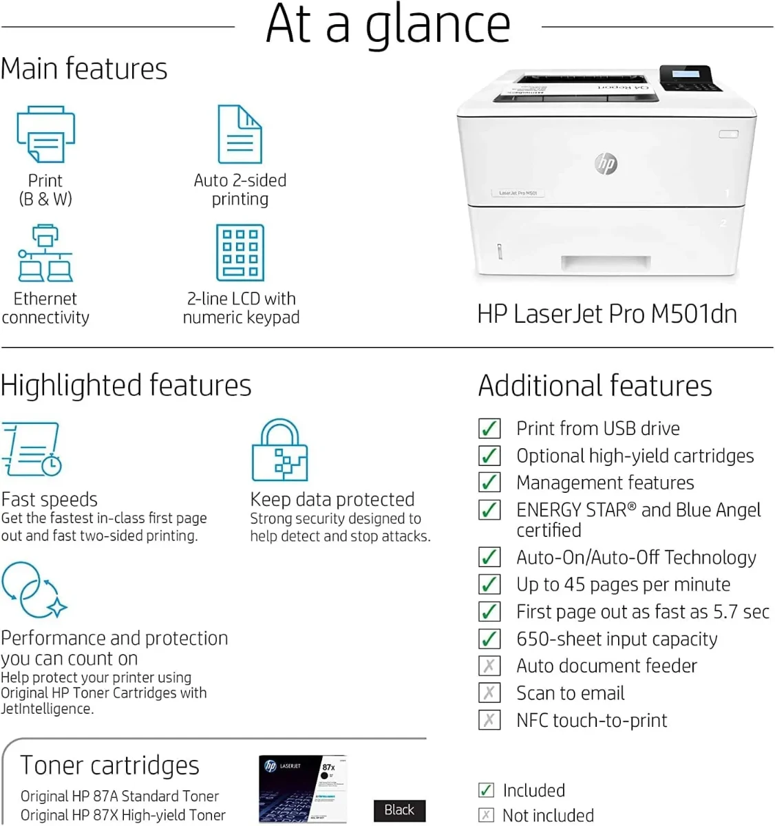 HP LaserJet Pro M501dn A4 Duplex Monochrome Laser Printer USB Ethernet