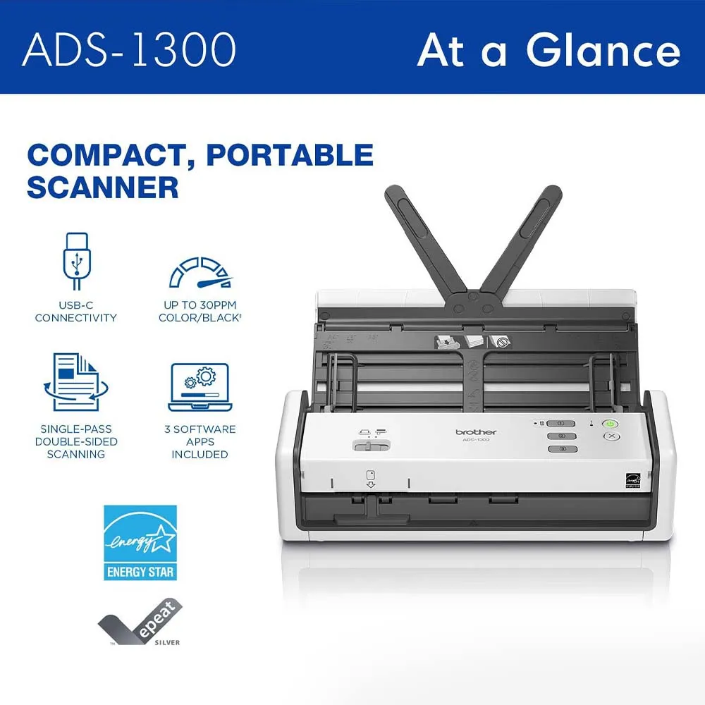 Brother ADS-1300 Scanner High Resolution Document & Photo Scanning USB