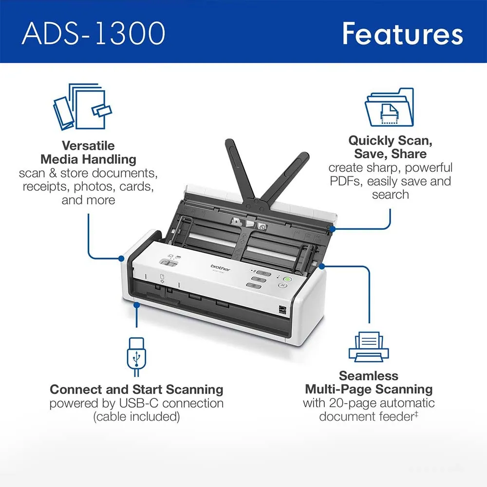 Brother ADS-1300 Scanner High Resolution Document & Photo Scanning USB
