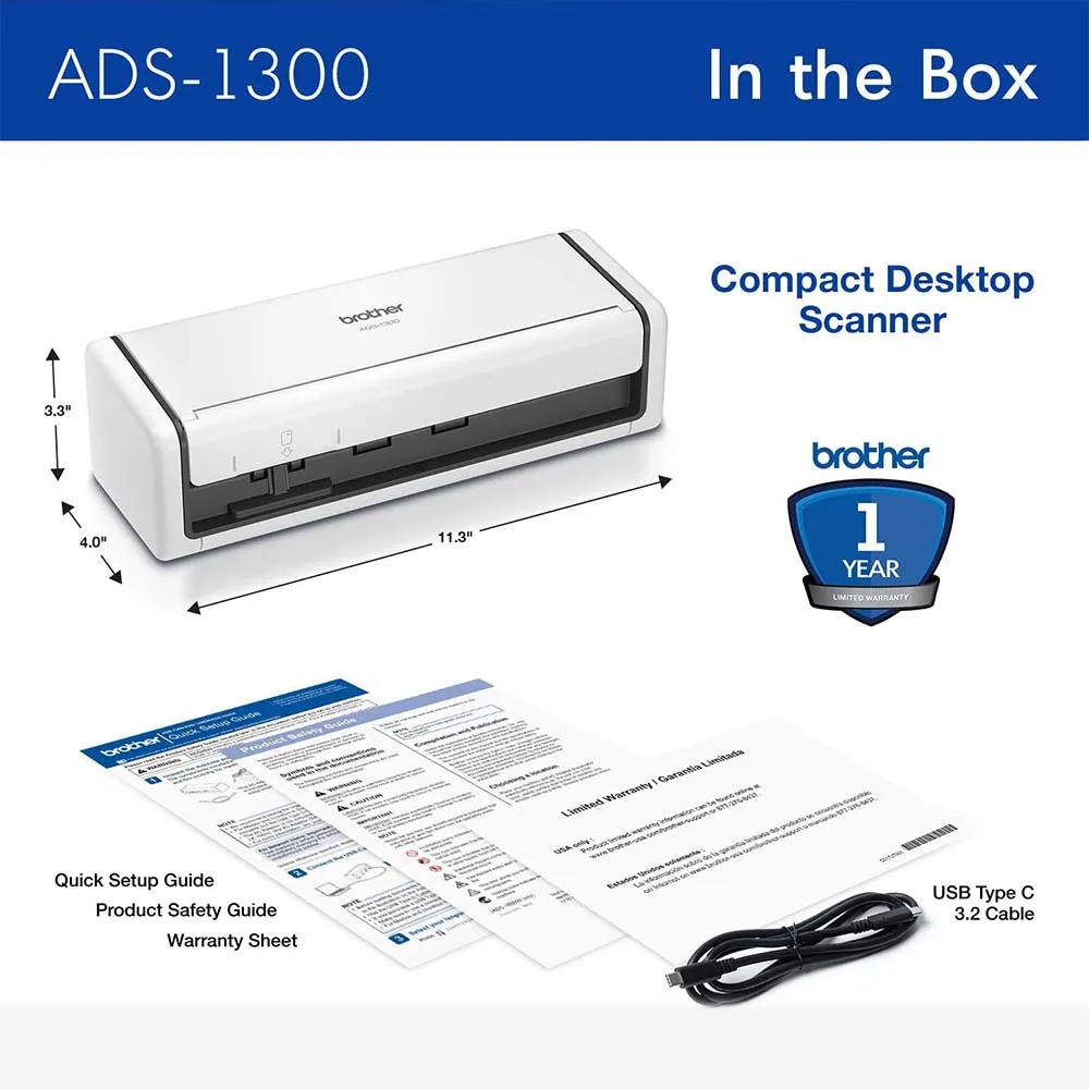 Brother ADS-1300 Scanner High Resolution Document & Photo Scanning USB
