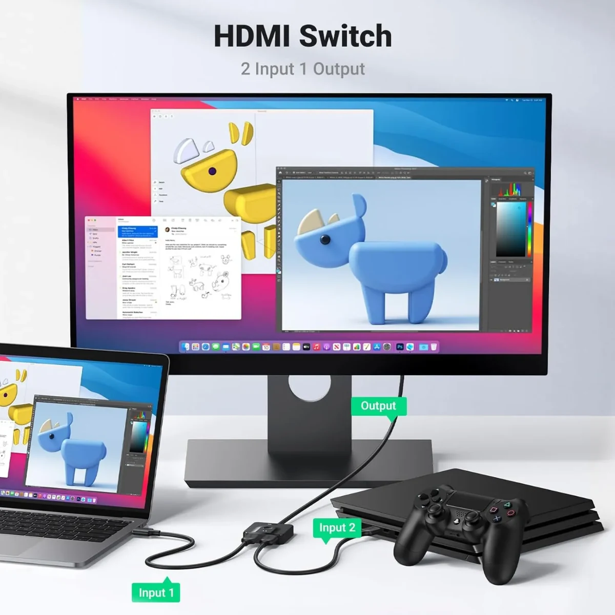 UGREEN 70607 HDMI Bi-Directional Switch with HDMI Cable Black