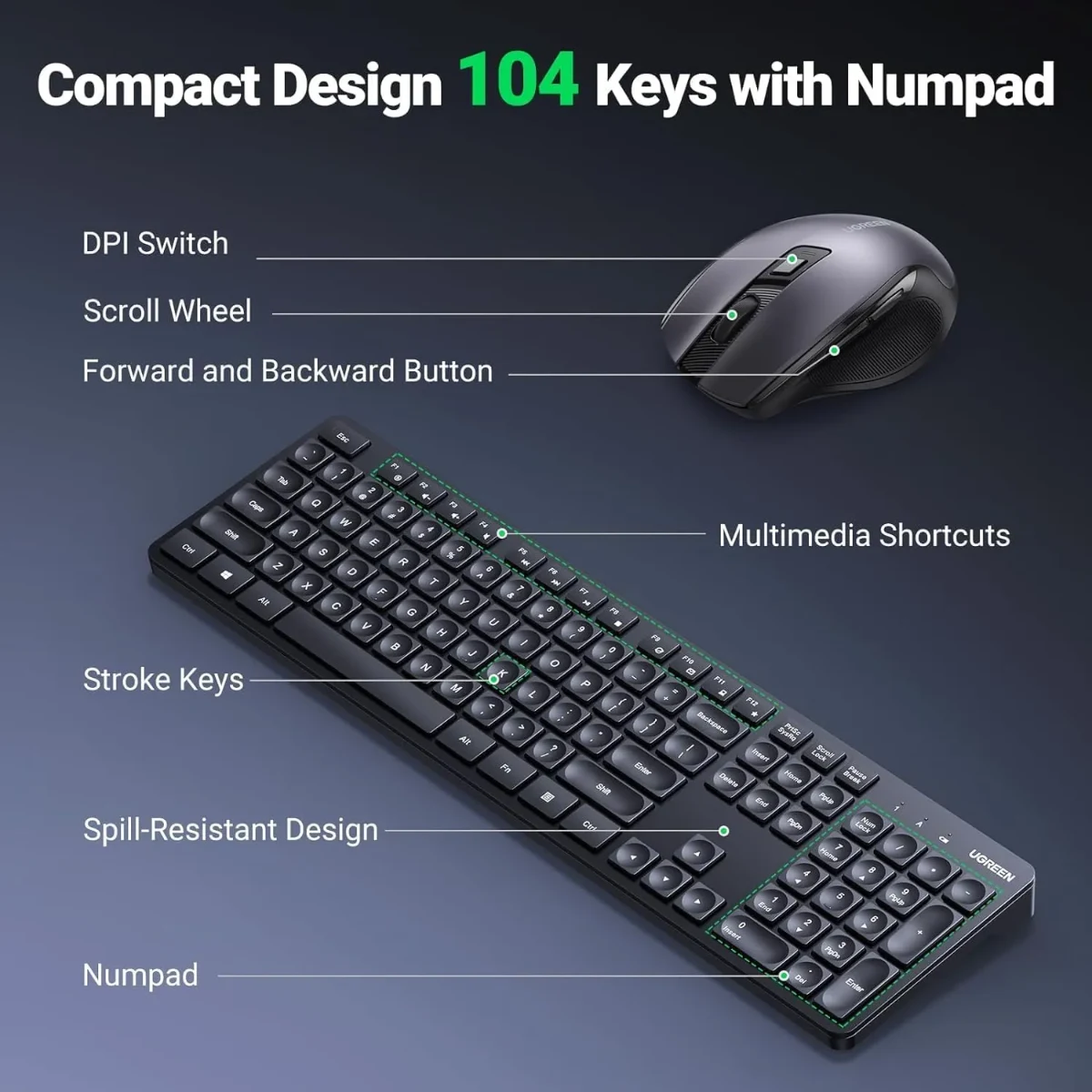UGREEN 45248EG MK006 Wireless Keyboard Mouse Combo Arabic English Black