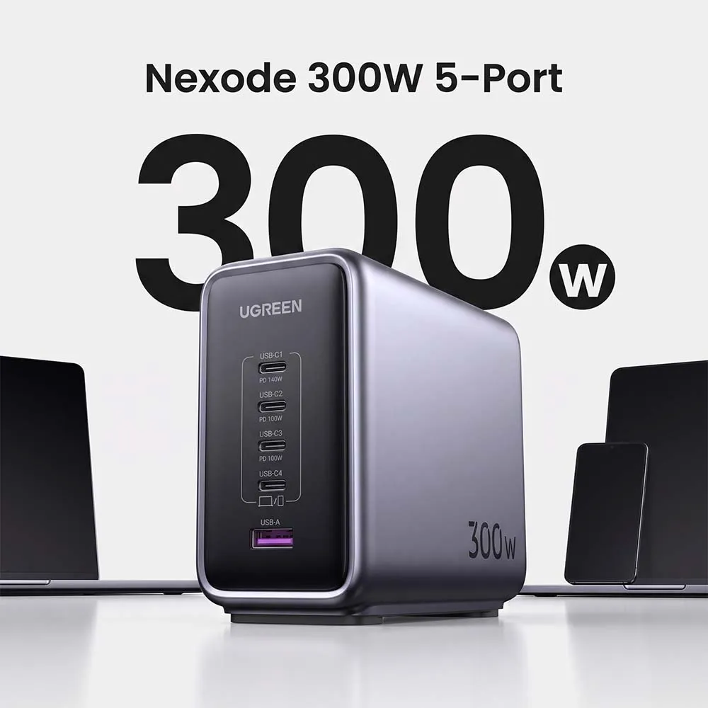 UGREEN 90903B Nexode 300W GaN Fast Desktop Charger with Power Delivery 4x USB-C, 1x USB-A