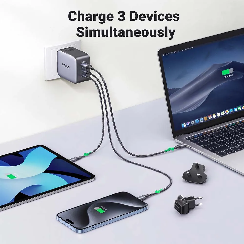 UGREEN 90409 CD296 65W GaN Fast Charger, 1 USB-A + 2 USB-C Black