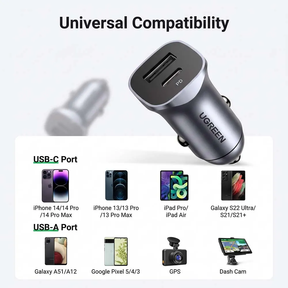 UGREEN 40858 CD130 30W Car Charger Dual Port USB-A + USB-C PD Gray
