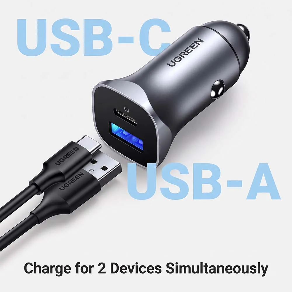 UGREEN 40858 CD130 30W Car Charger Dual Port USB-A + USB-C PD Gray