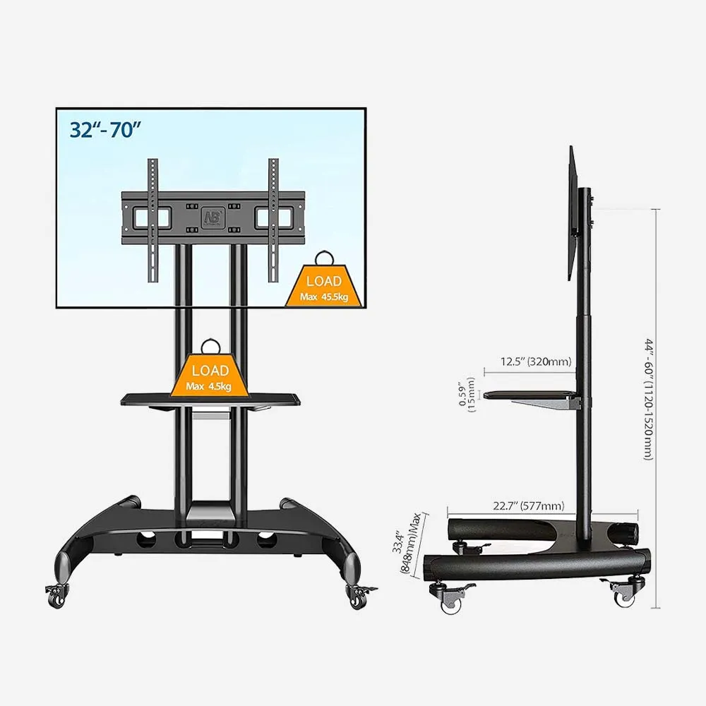 North Bayou AVA1500-60-1P TV Cart – Mobile TV Stand with Wheels, Adjustable Height, Fits 32–75 Inch Screens, Black