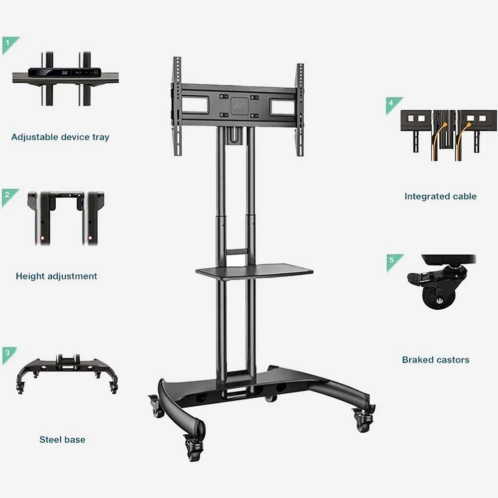 North Bayou AVA1500-60-1P TV Cart – Mobile TV Stand with Wheels, Adjustable Height, Fits 32–75 Inch Screens, Black