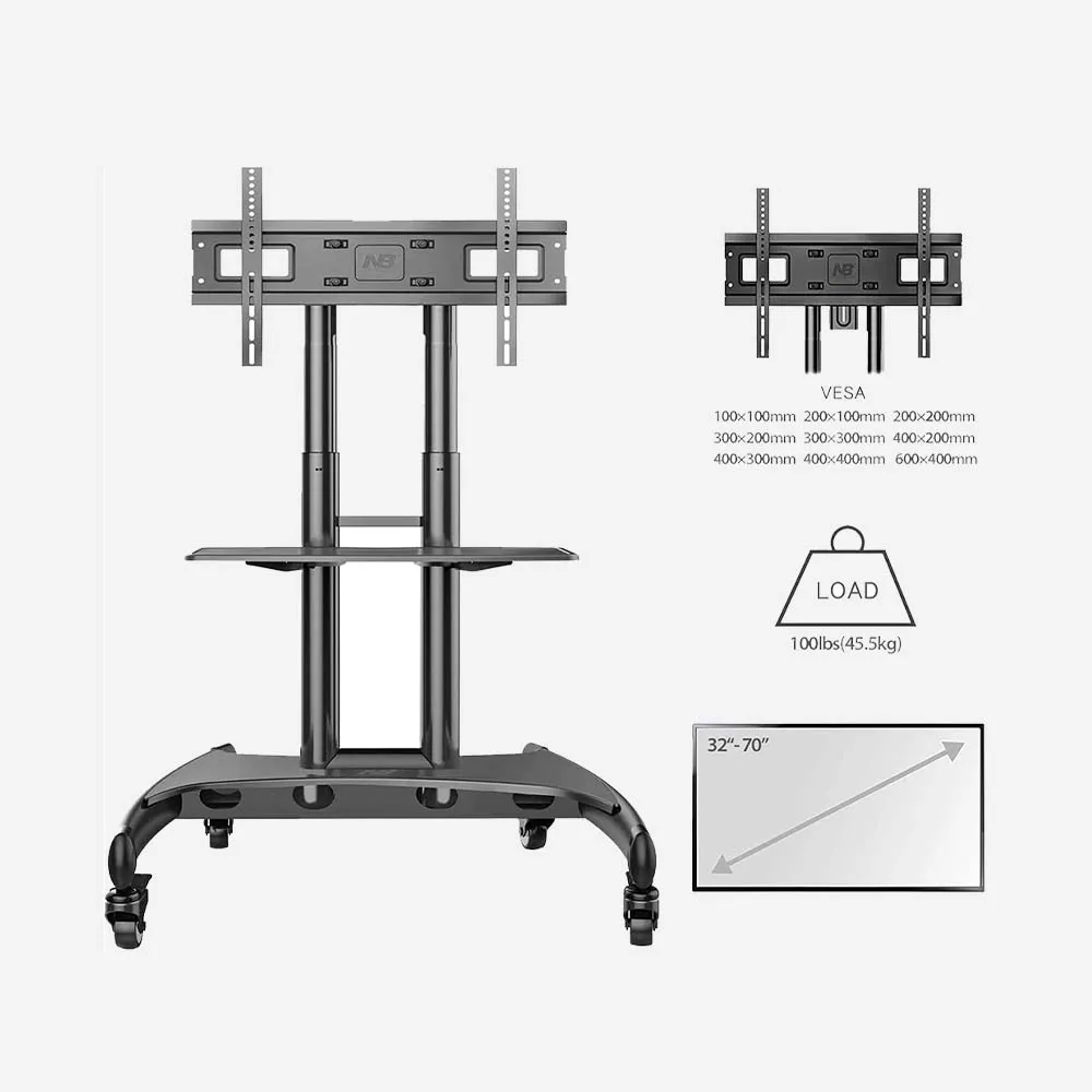 North Bayou AVA1500-60-1P TV Cart – Mobile TV Stand with Wheels, Adjustable Height, Fits 32–75 Inch Screens, Black