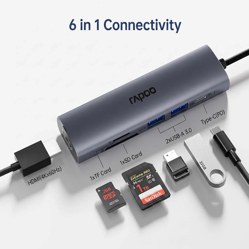 Rapoo XD61 USB-C 6 in 1 Multifunction Docking Station Silver Grey