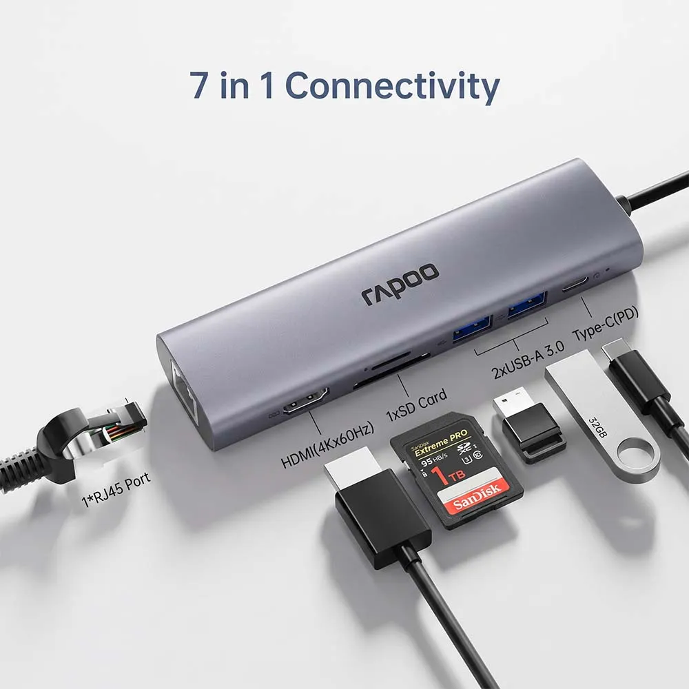 Rapoo XD71 USB-C 7 in 1 Multifunction Docking Station Silver Grey