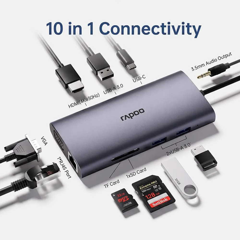 Rapoo XD101 USB-C 10 in 1 Multifunction Docking Station Silver Grey