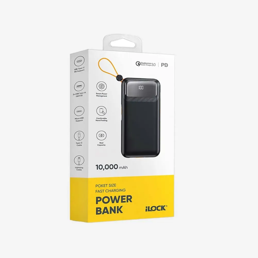 iLOCK 5098 Power Bank 10,000mAh Four Ports LED Display Fast Charging Side Cables