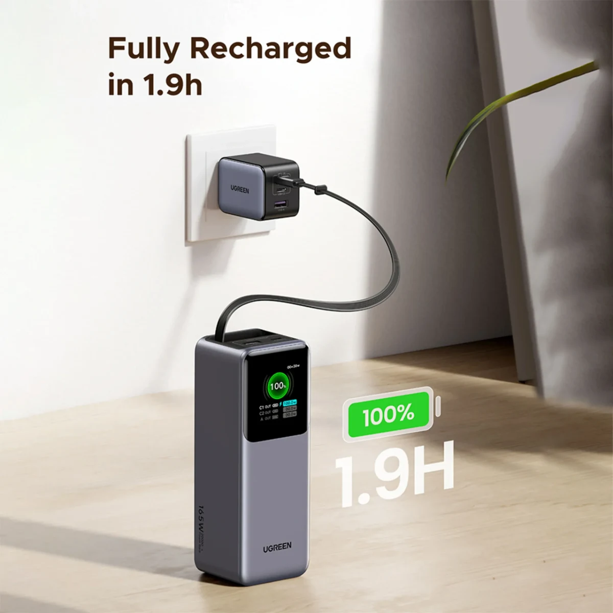 UGREEN 55987B PB726 20000mAh 165W Power Bank with Retractable Cable