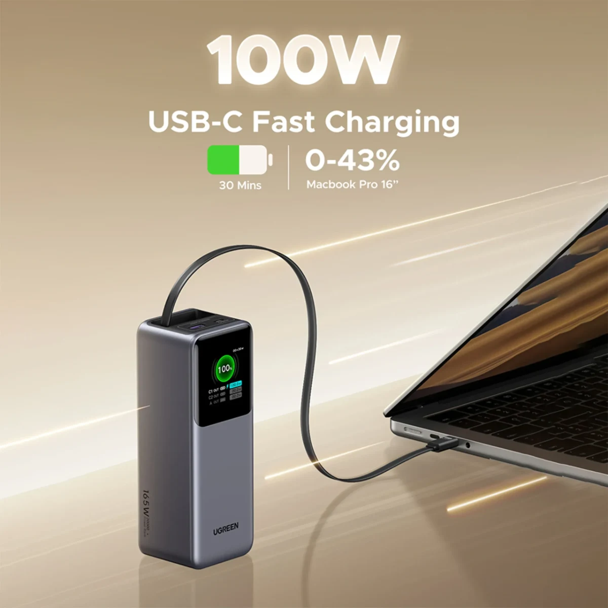 UGREEN 55987B PB726 20000mAh 165W Power Bank with Retractable Cable